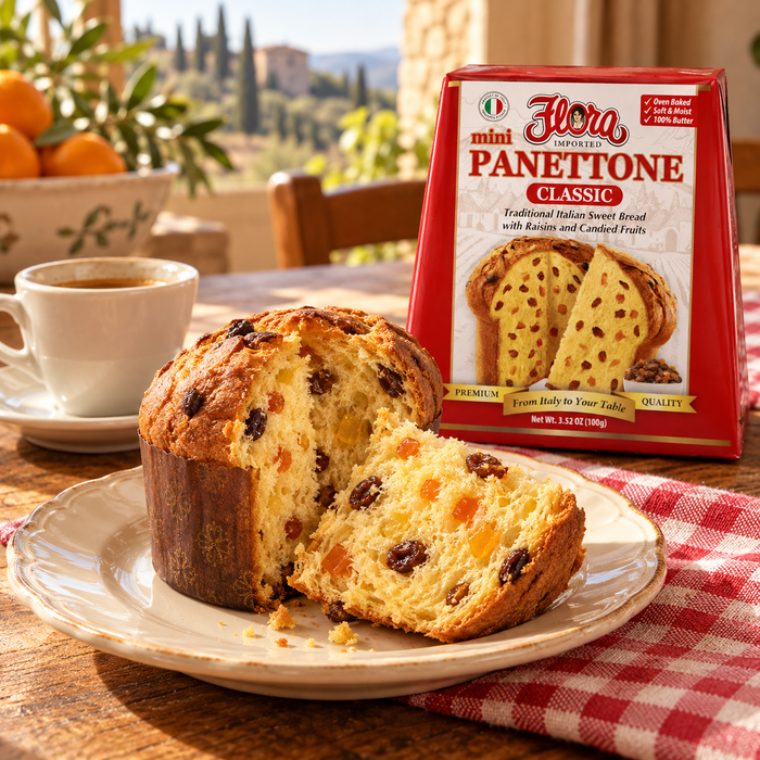 Classic Flavor, Just for You — Flora mini panettone classic with its original package in an Italian setting