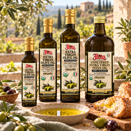Organic EVOO Discovery Collection — complete Flora assortment in a natural setting