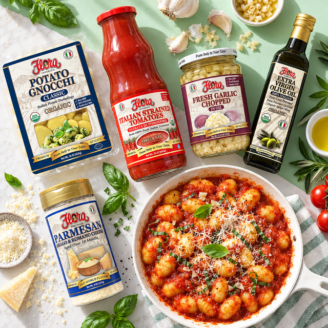 Organic Gnocchi Pomodoro Dinner Selection — included Flora products and serving suggestion