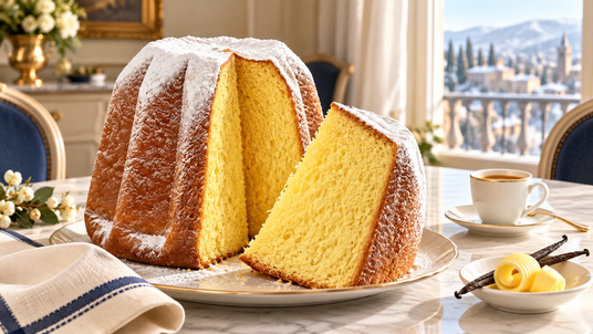 Flora Classic Pandoro sliced on an Italian table with espresso, showing its golden crumb and powdered sugar