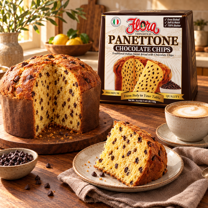 Made for Cappuccino Moments — Flora panettone chocolate chips with its original package in an Italian setting
