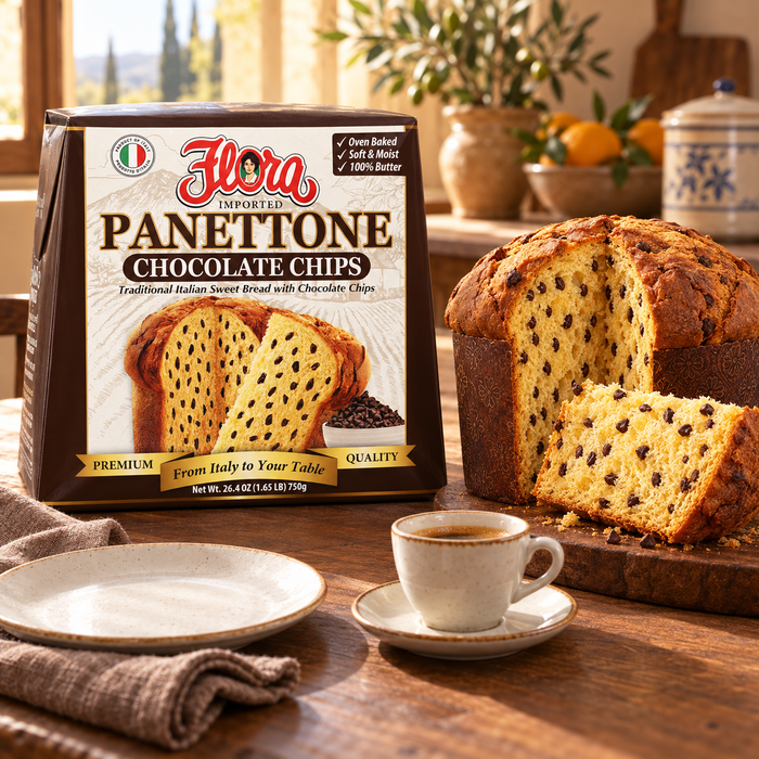 A Thoughtful Chocolate Gift — Flora panettone chocolate chips with its original package in an Italian setting