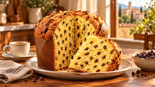 Flora panettone chocolate chips served with coffee, showing the correct chocolate chips interior