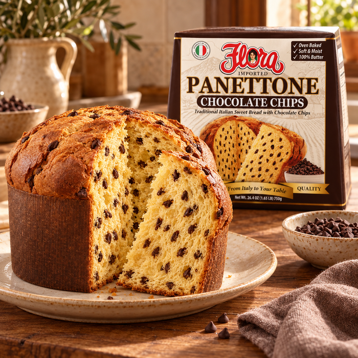 Chocolate in Every Slice — Flora panettone chocolate chips with its original package in an Italian setting