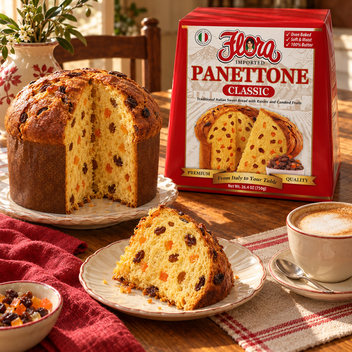Slice, Pour, and Linger — Flora panettone classic with its original package in an Italian setting