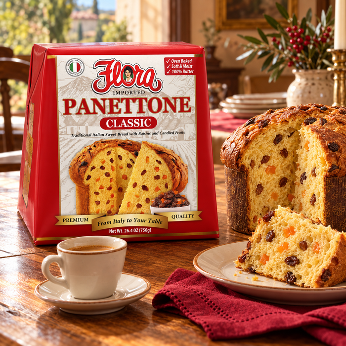 A Welcome at Every Table — Flora panettone classic with its original package in an Italian setting