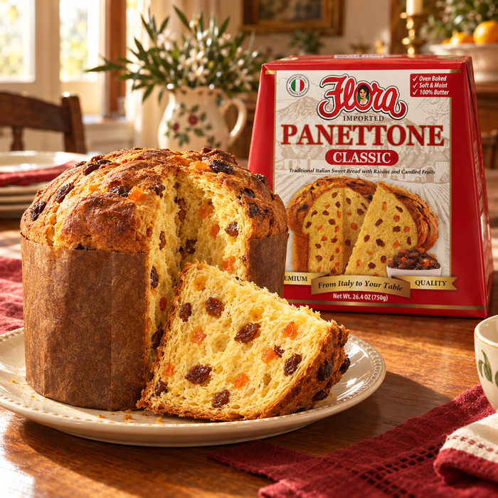 The Original Italian Celebration — Flora panettone classic with its original package in an Italian setting
