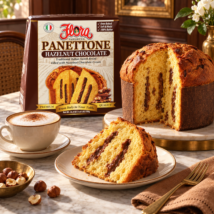 The After-Dinner Invitation — Flora panettone hazelnut chocolate gianduia with its original package in an Italian setting