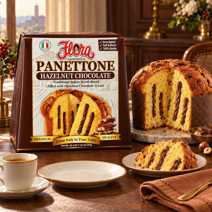 For the Chocolate-Hazelnut Lover — Flora panettone hazelnut chocolate gianduia with its original package in an Italian setting