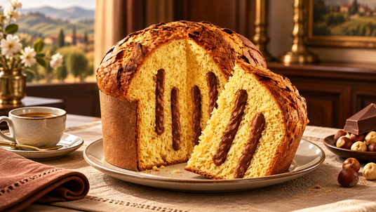 Flora panettone hazelnut chocolate gianduia served with coffee, showing the correct chocolate hazelnut cream interior