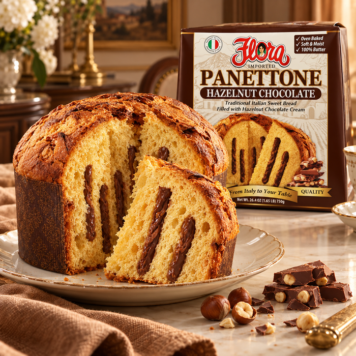 The Pleasure of Gianduia — Flora panettone hazelnut chocolate gianduia with its original package in an Italian setting