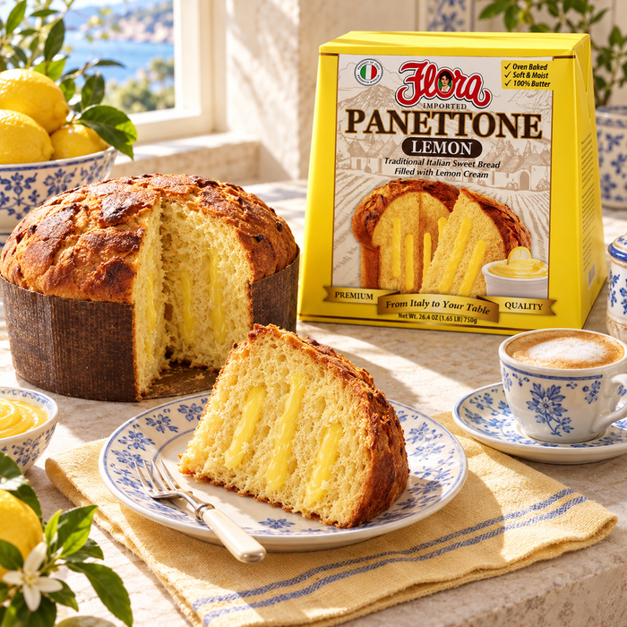 Coffee with a Citrus Twist — Flora panettone lemon with its original package in an Italian setting