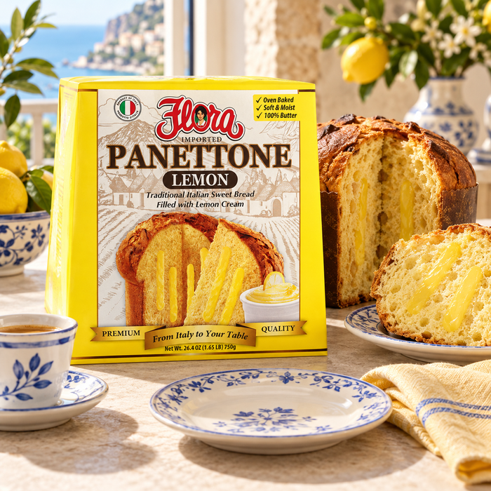 A Little Sunshine to Give — Flora panettone lemon with its original package in an Italian setting