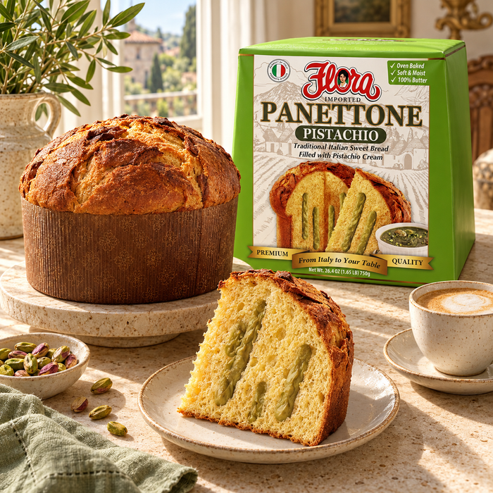 Make Dessert a Moment — Flora panettone pistachio with its original package in an Italian setting
