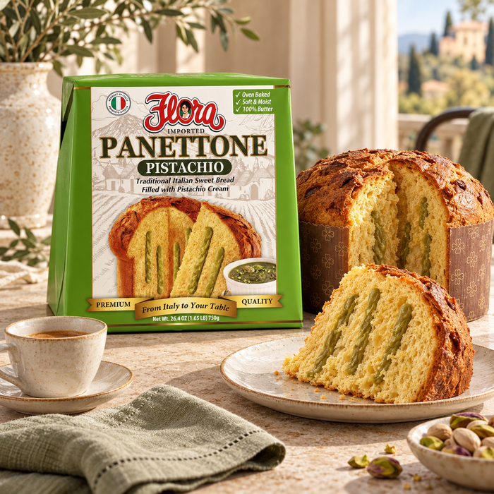 A Gift with Italian Character — Flora panettone pistachio with its original package in an Italian setting