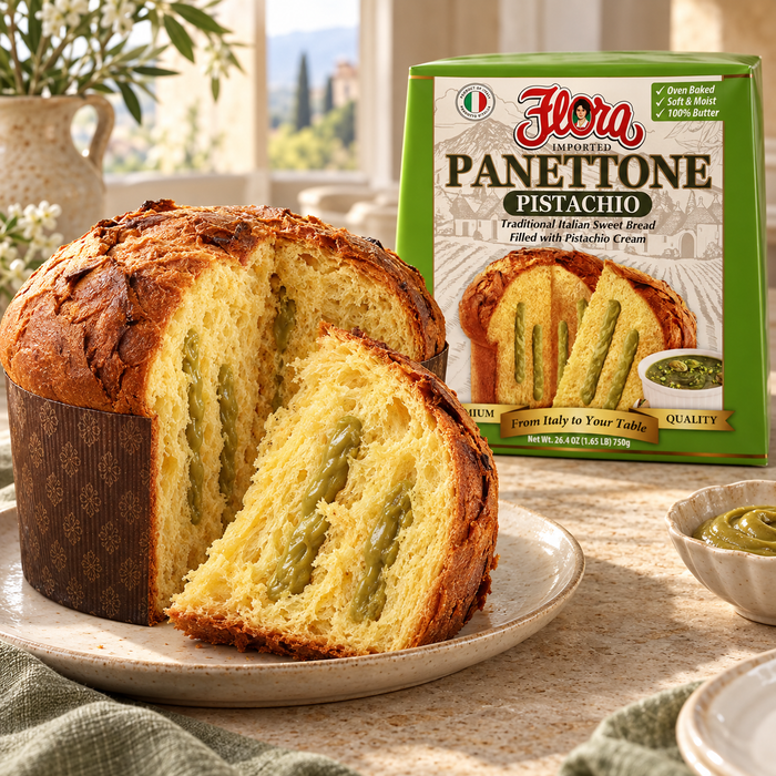 Pistachio at the Center — Flora panettone pistachio with its original package in an Italian setting