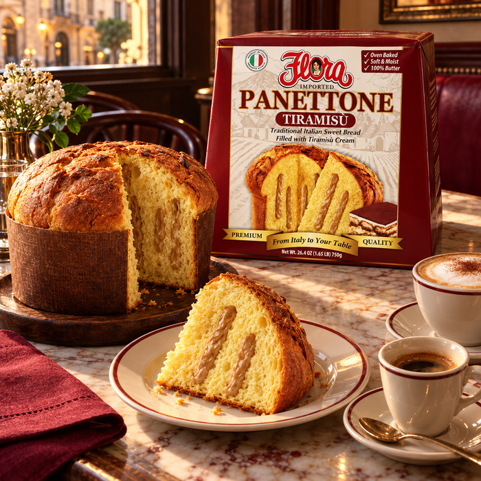 Espresso’s Dessert Companion — Flora panettone tiramisu with its original package in an Italian setting
