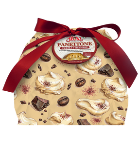 Handmade Flora Foods Panettone with tiramisu cream and dark chocolate chips, 26.4 oz, showcasing the festive cake with rich toppings.