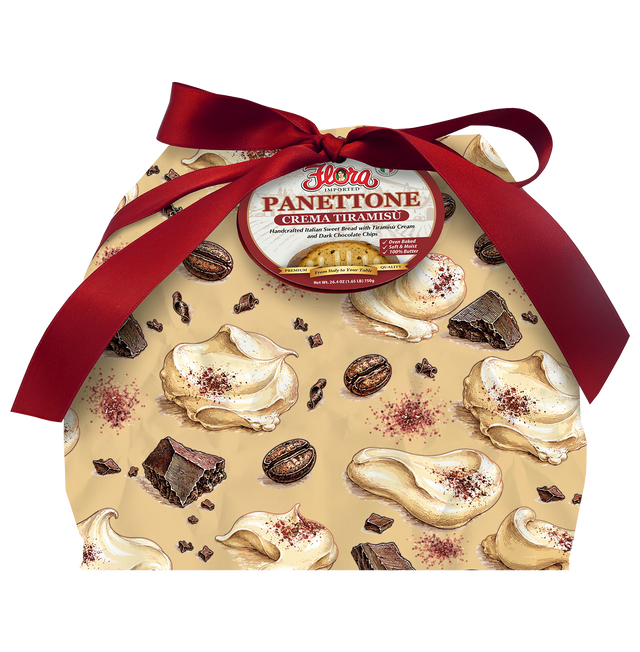 Handmade Flora Foods Panettone with tiramisu cream and dark chocolate chips, 26.4 oz, showcasing the festive cake with rich toppings.