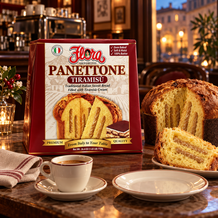 A Gift for Dessert Lovers — Flora panettone tiramisu with its original package in an Italian setting