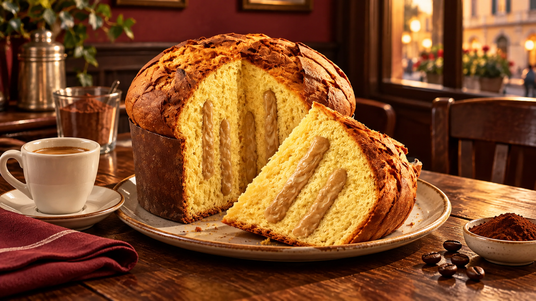 Flora panettone tiramisu served with coffee, showing the correct tiramisu cream interior