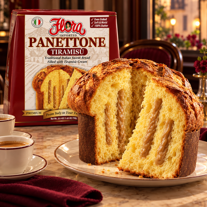Two Italian Favorites Together — Flora panettone tiramisu with its original package in an Italian setting