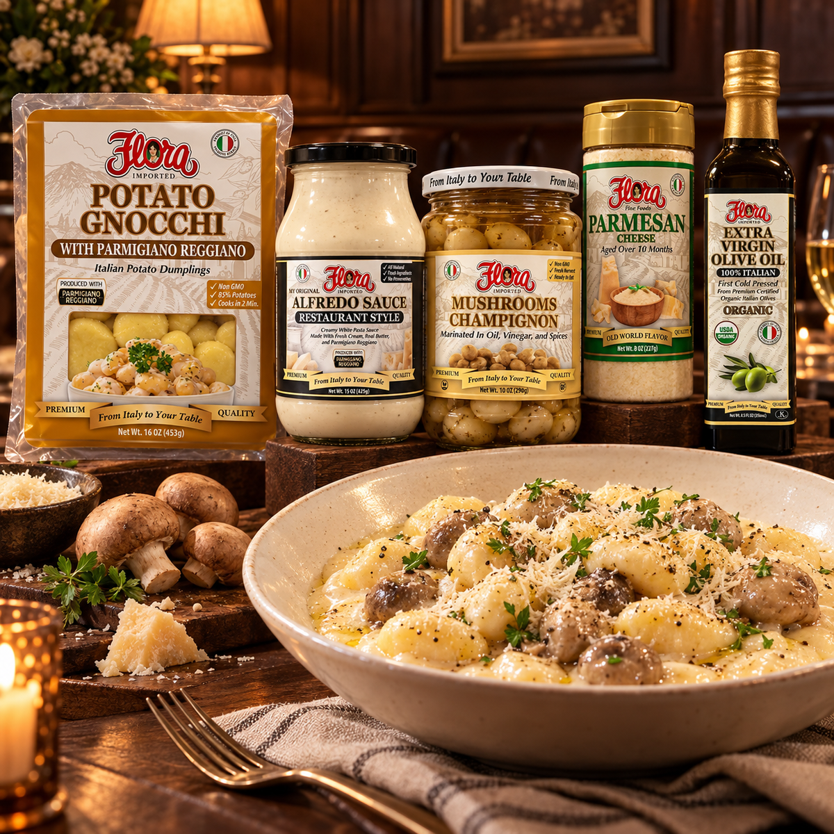 Parmigiano Gnocchi Creamy Supper Collection — included Flora products and serving suggestion