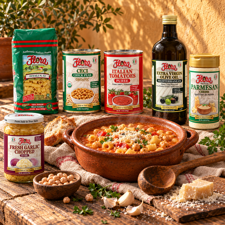 Pasta e Ceci Rustic Soup Collection — included Flora products and serving suggestion