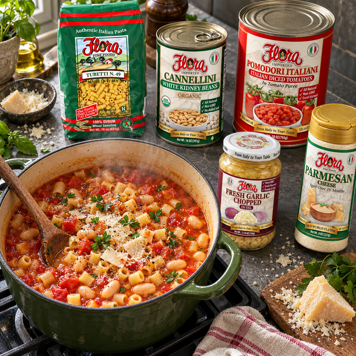 Pasta e Fagioli Family Pot Kit — included Flora products and serving suggestion