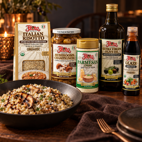 Porcini Risotto Fireside Finish Set — included Flora products and recipe serving suggestion