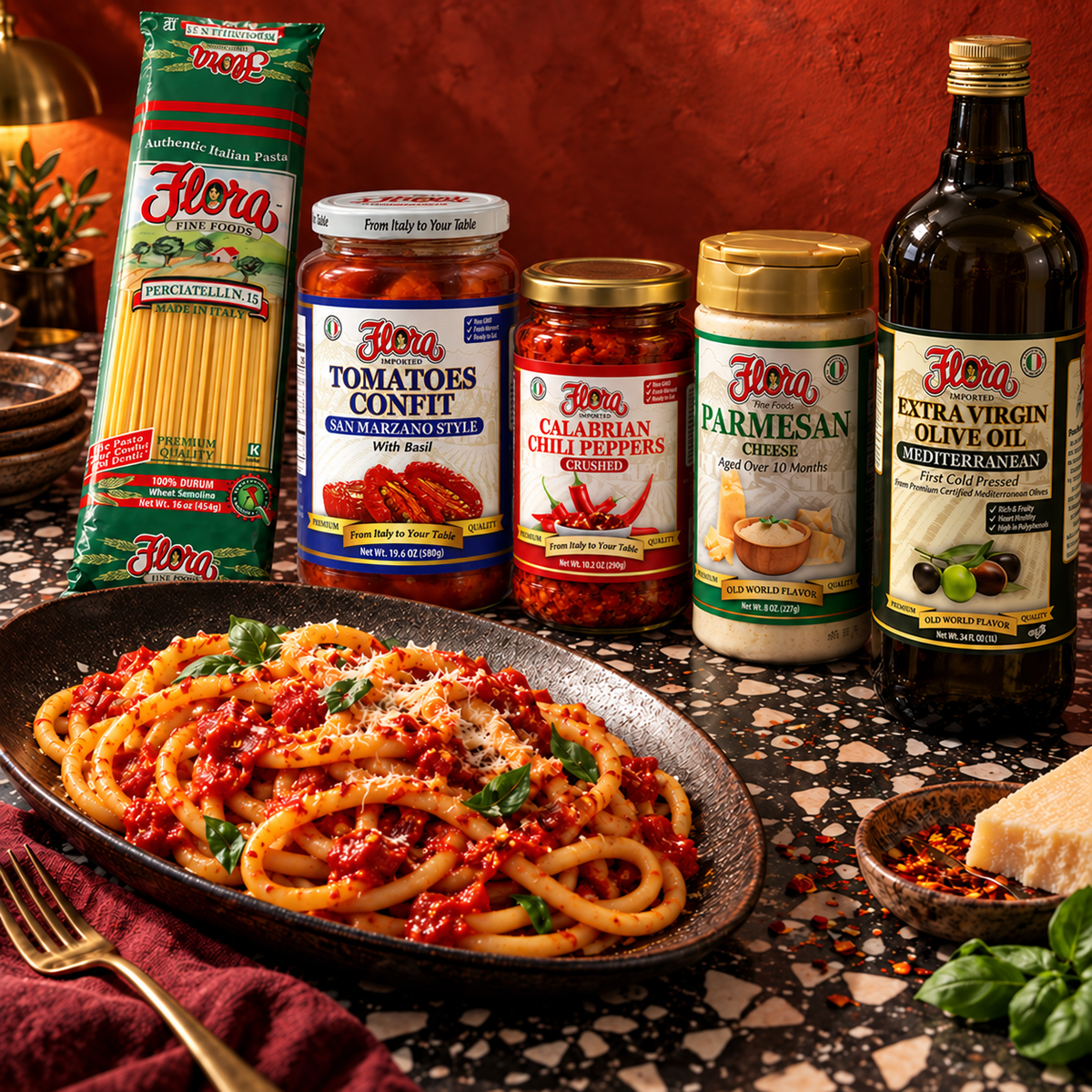 Roman Heat Bucatini Trattoria Night Pack — included Flora products and serving suggestion