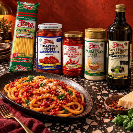 Roman Heat Bucatini Trattoria Night Pack — included Flora products and serving suggestion