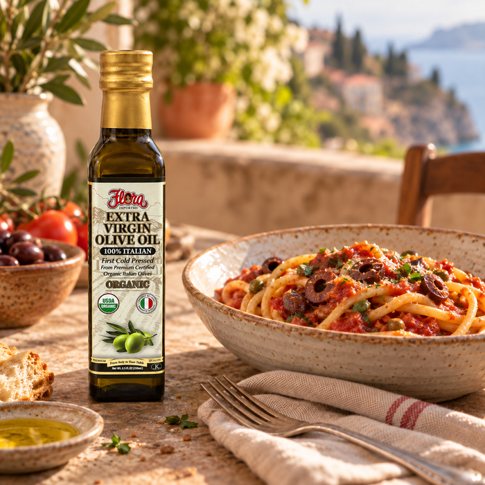 Original Flora organic Italian extra virgin olive oil, 250 ml, beside bucatini puttanesca
