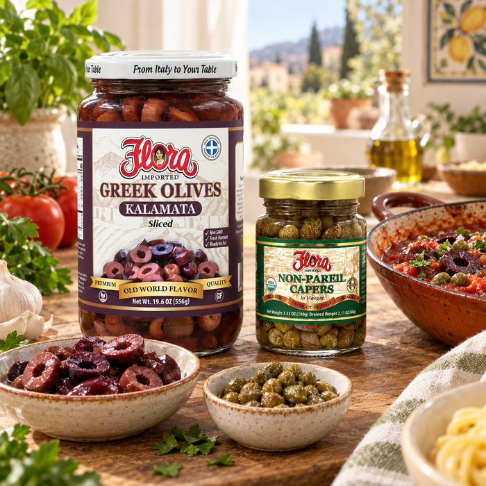 Original Flora sliced Kalamata olives and organic Non-Pareil capers with puttanesca sauce
