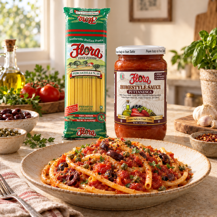 Flora Perciatelli Bucatini #15 and Homestyle Puttanesca Sauce beside a finished pasta dish