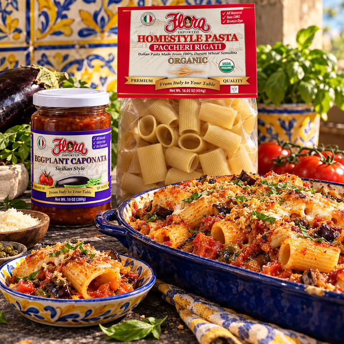 Sicilian Caponata Paccheri Bake Set — Big Pasta, Rich Sauce