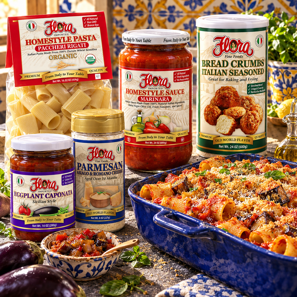 Sicilian Caponata Paccheri Bake Set — included Flora products and serving suggestion