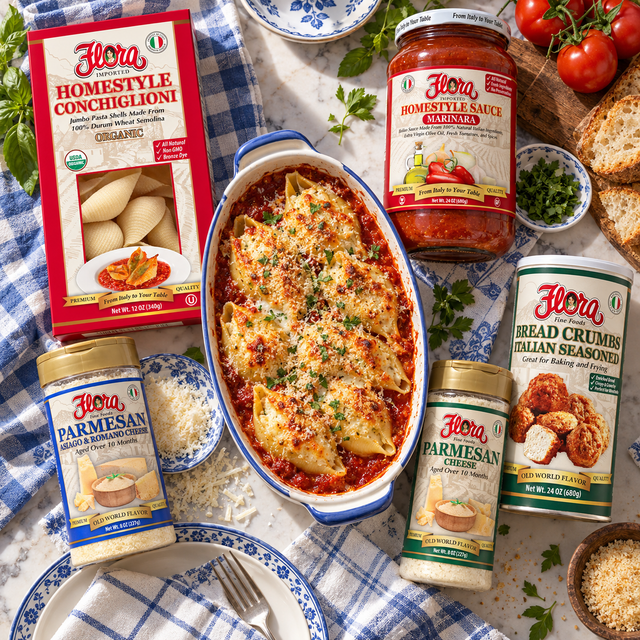 Sunday Stuffed Shells Family Pantry — included Flora products and serving suggestion