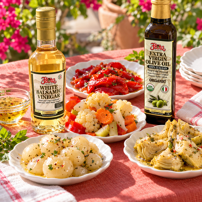 Sweet & Sour Colorful Antipasto Selection — serving detail two