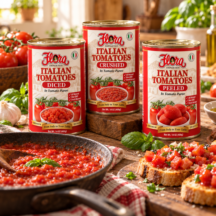 The Tomato Cook's Library — original Flora products in a natural serving scene