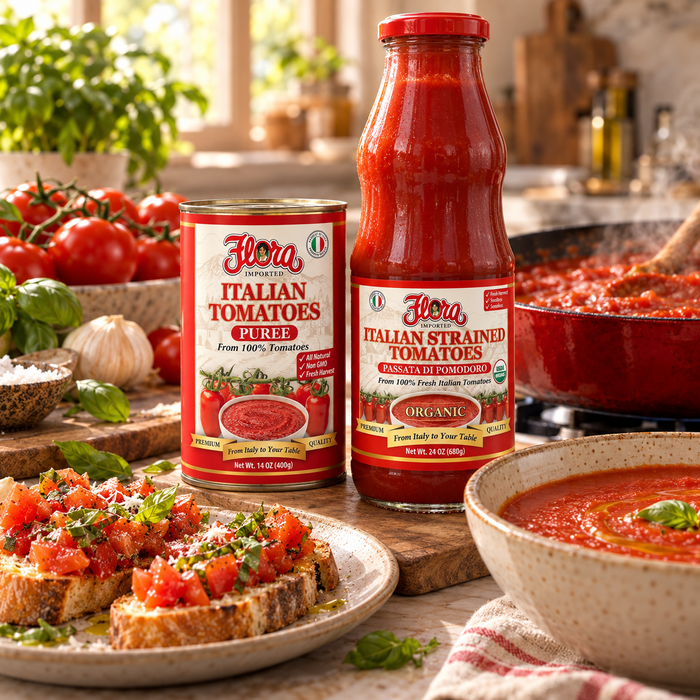 The Tomato Cook's Library — original Flora products in a natural serving scene