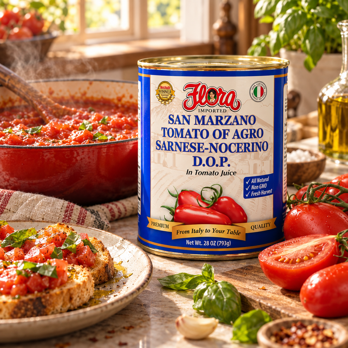 The Tomato Cook's Library — original Flora products in a natural serving scene