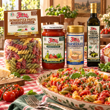 Tomato Basil Fusilloni Family Dinner Pack with original products and a prepared pasta serving suggestion
