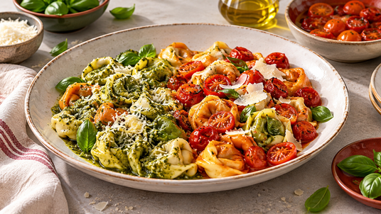 Tricolor Tortellini Two-Sauce Table — finished recipe serving suggestion