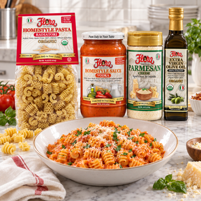 Vodka Radiatori Restaurant Night Set with original products and a prepared pasta serving suggestion