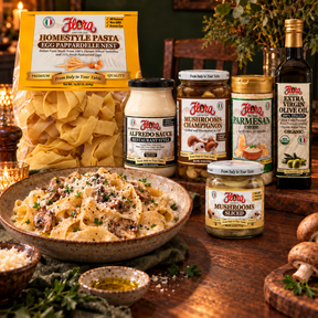Woodland Pappardelle Supper Set with six original Flora products and a prepared mushroom pappardelle serving suggestion