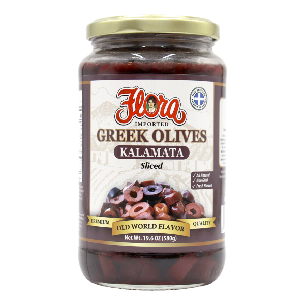 Flora Foods Greek Kalamata Olives Sliced in Oil & Sea Salt Imported 19.6 Oz Jar