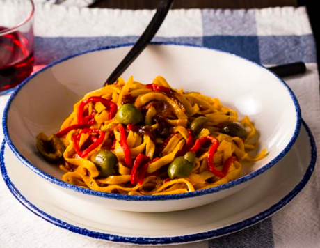 Roasted Red Pepper Pasta with Sicilian Olives